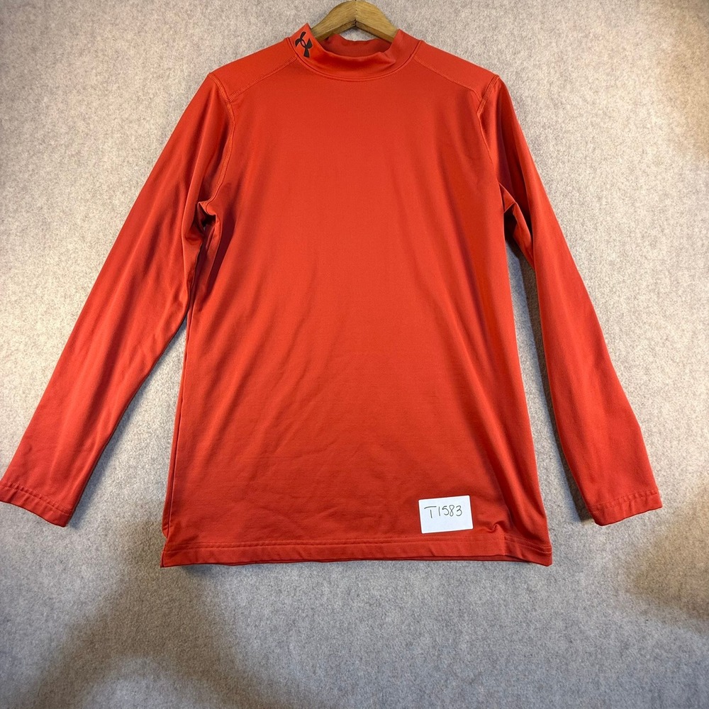 Under Armour ColdGear Mock Neck Compression Shirt Orange Mens Long Sleeve T1583‎